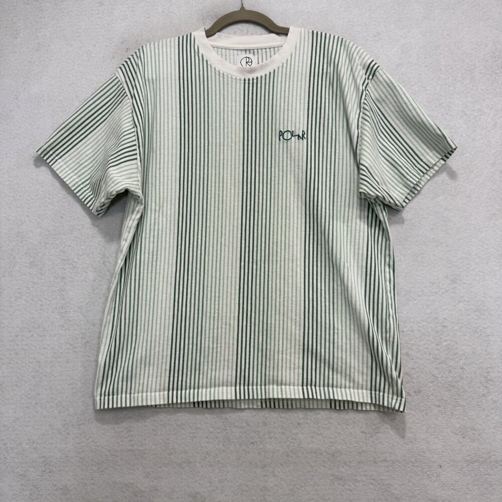 Polar Shirt Mens Large White Green Striped Cotton Logo Crewneck Tee Casual